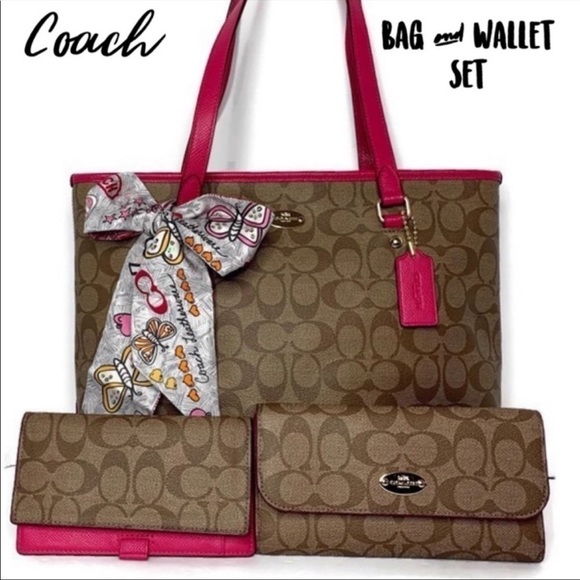 Coach Khaki Brown Pink Signature C Tote Bag Wallet Check Scarf Set 34603 Barbie - Picture 1 of 8